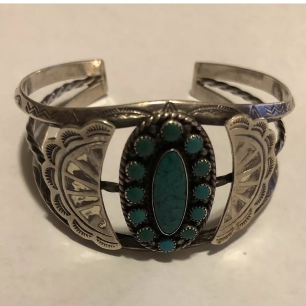 Vintage silver turquoise concho cuff bracelet - Picture 2 of 8